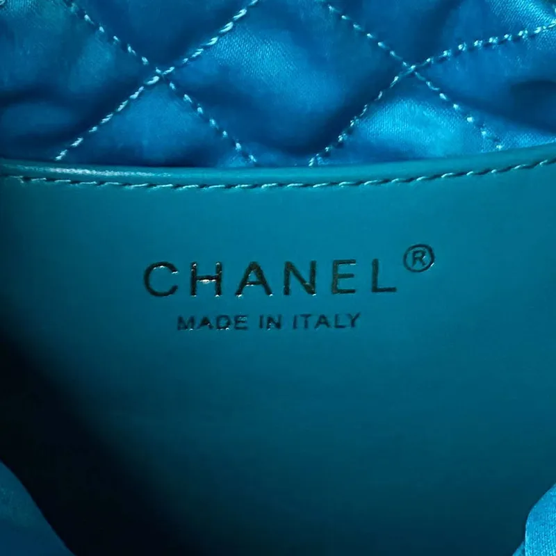 Chanel 22 Mini Handbag AS3980 Shiny Calfskin & Gold Tone Metal Lake Blue