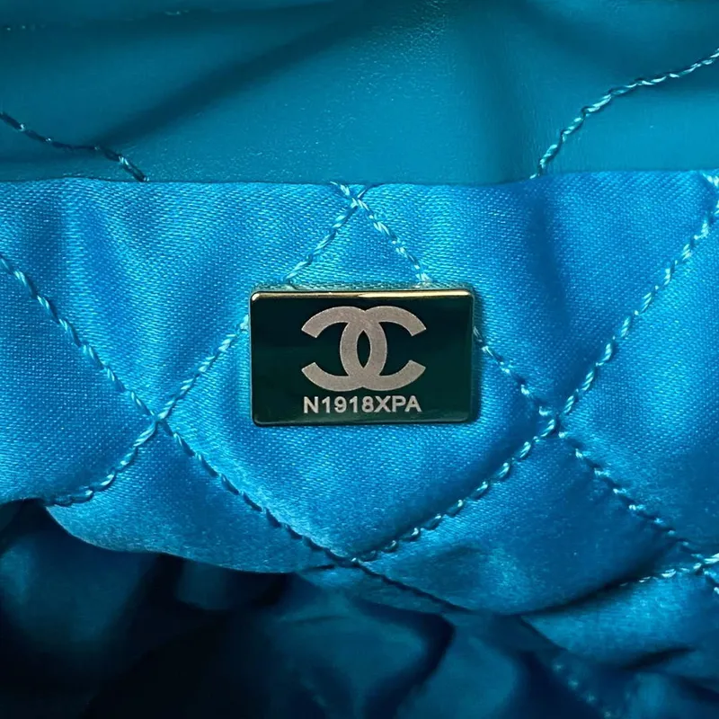 Chanel 22 Mini Handbag AS3980 Shiny Calfskin & Gold Tone Metal Lake Blue