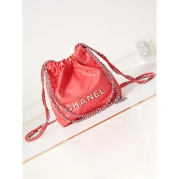 Chanel 22 AS3980 Mini Handbag Shiny Calfskin & Silver Tone Metal Red