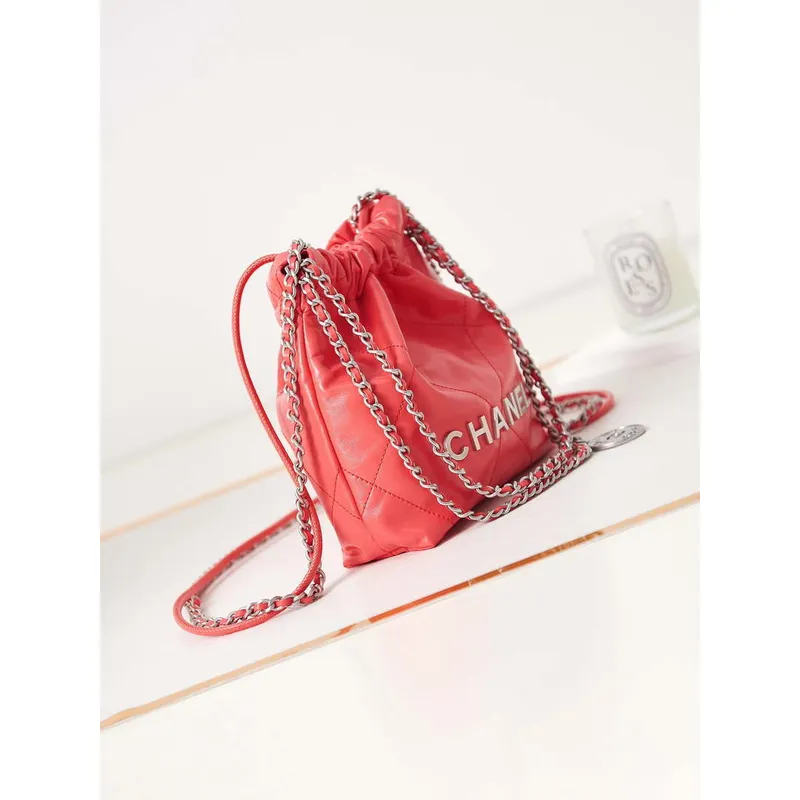 Chanel 22 AS3980 Mini Handbag Shiny Calfskin & Silver Tone Metal Red