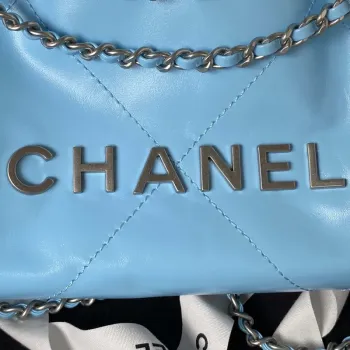 Chanel 22 AS3980 Mini Handbag Shiny Calfskin & Silver Tone Metal Sky blue