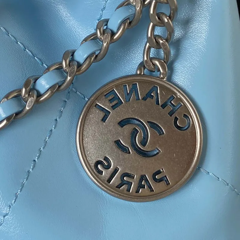 Chanel 22 AS3980 Mini Handbag Shiny Calfskin & Silver Tone Metal Sky blue