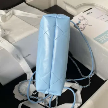 Chanel 22 AS3980 Mini Handbag Shiny Calfskin & Silver Tone Metal Sky blue