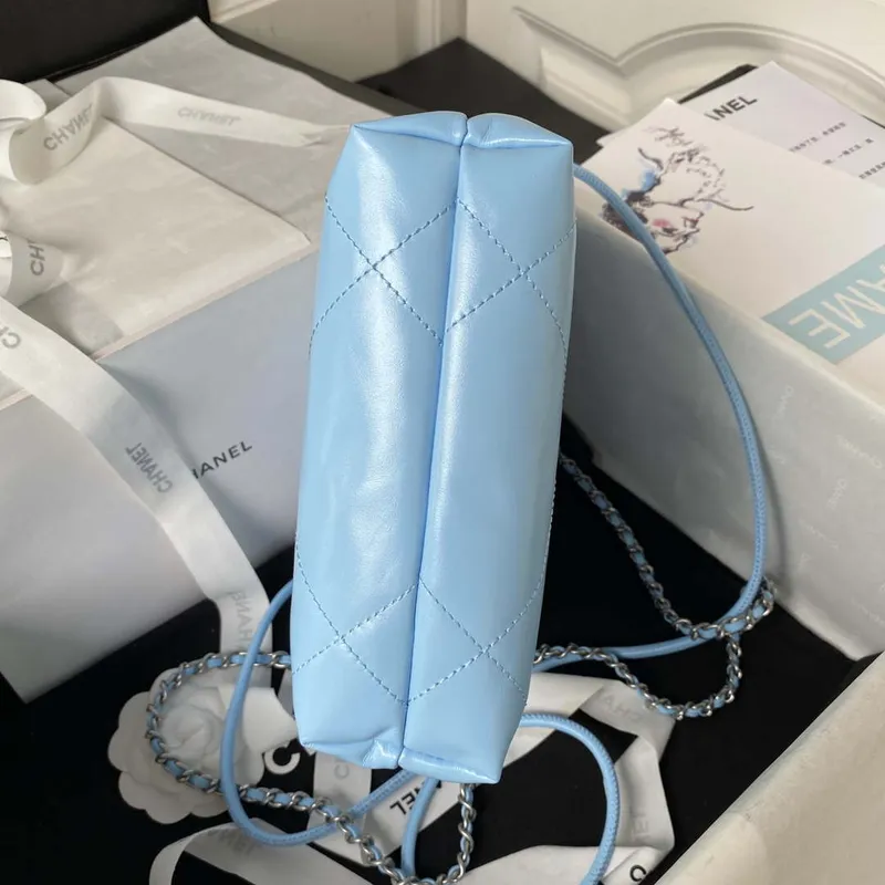 Chanel 22 AS3980 Mini Handbag Shiny Calfskin & Silver Tone Metal Sky blue