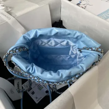 Chanel 22 AS3980 Mini Handbag Shiny Calfskin & Silver Tone Metal Sky blue