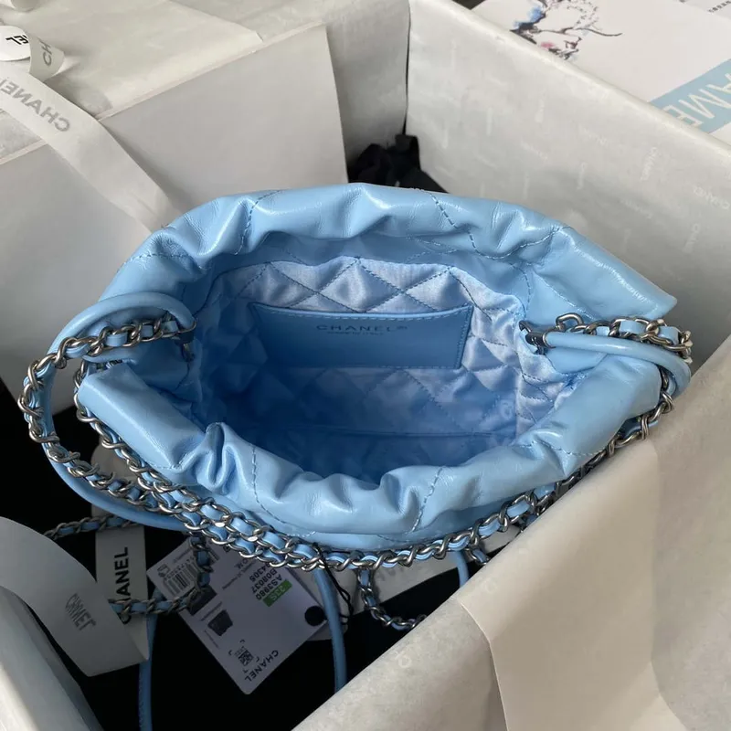 Chanel 22 AS3980 Mini Handbag Shiny Calfskin & Silver Tone Metal Sky blue