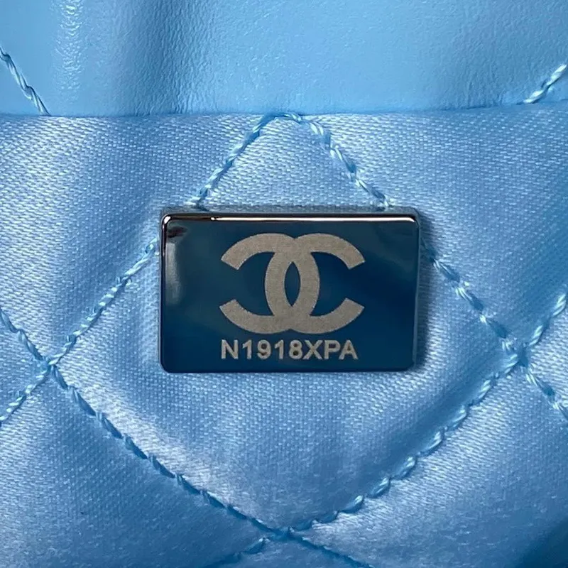Chanel 22 AS3980 Mini Handbag Shiny Calfskin & Silver Tone Metal Sky blue