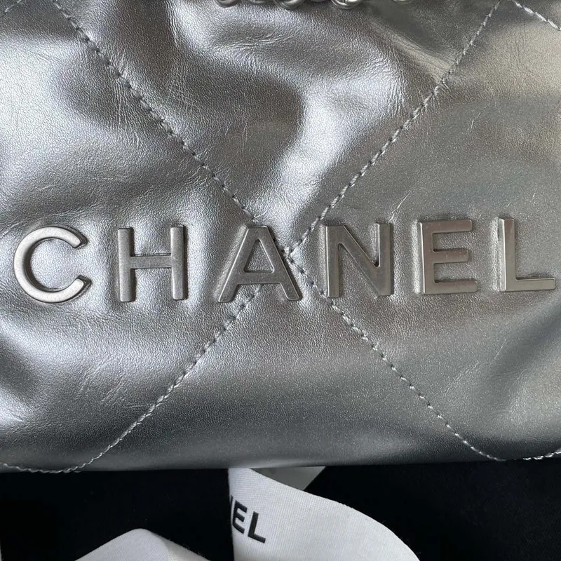 Chanel 22 AS3980 Mini Handbag Shiny Calfskin & Silver Tone Metal Silver