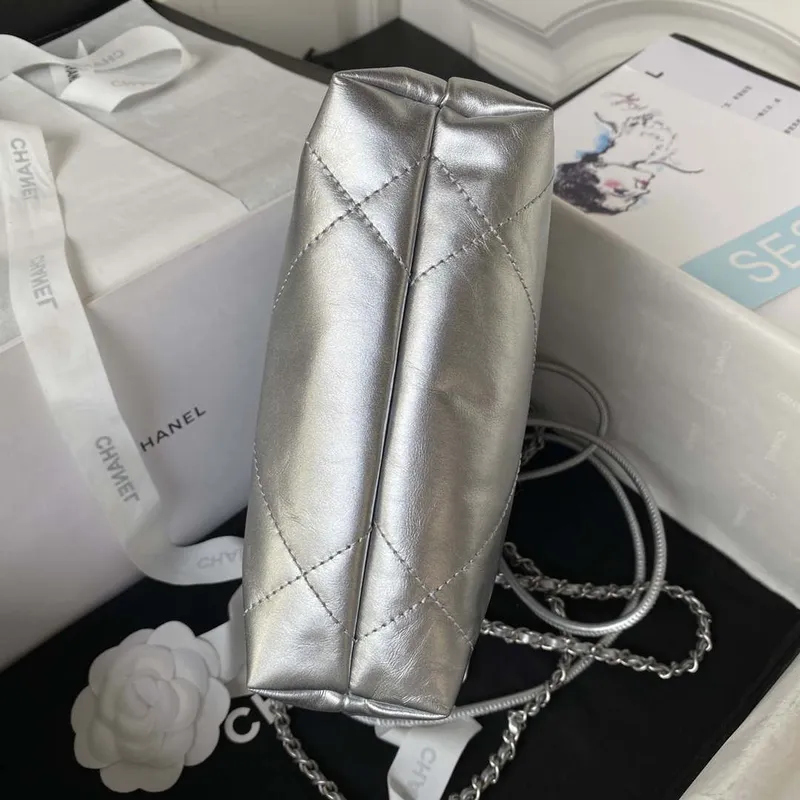 Chanel 22 AS3980 Mini Handbag Shiny Calfskin & Silver Tone Metal Silver