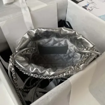 Chanel 22 AS3980 Mini Handbag Shiny Calfskin & Silver Tone Metal Silver