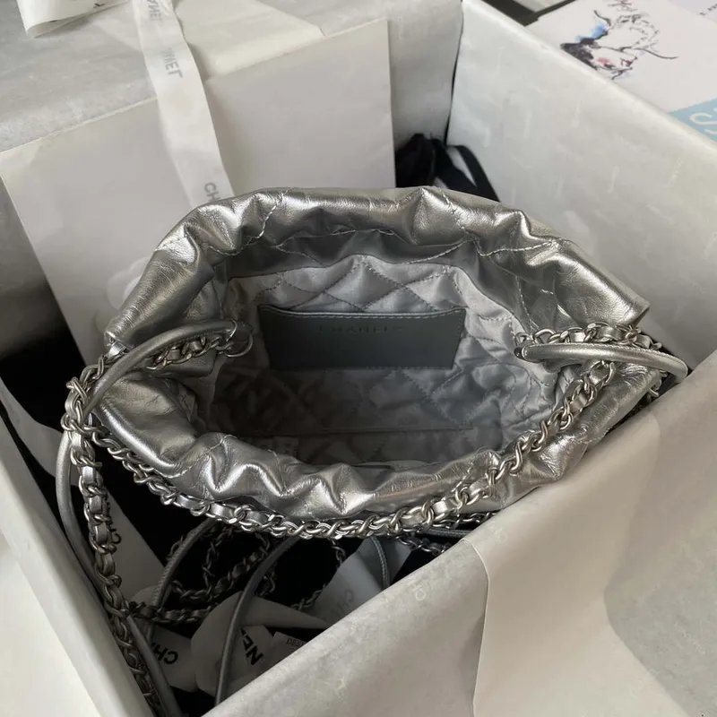 Chanel 22 AS3980 Mini Handbag Shiny Calfskin & Silver Tone Metal Silver