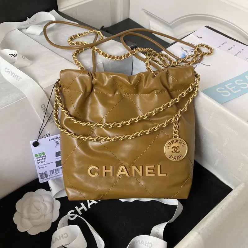 Chanel 22 Mini Handbag AS3980 Shiny Calfskin & Gold Tone Metal Marigold