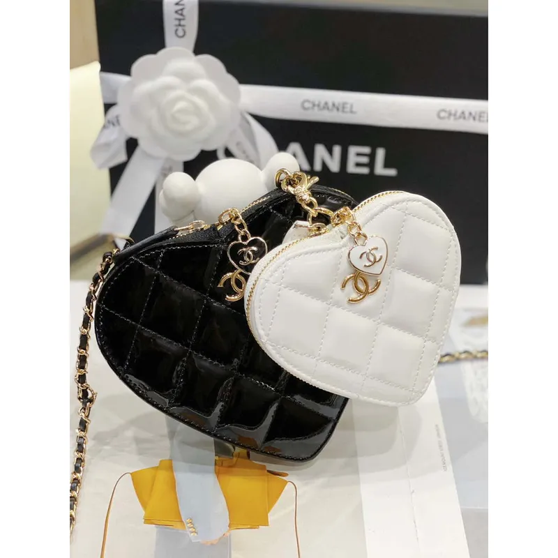 Chanel AS3295 Heart Clutch with Chain Lambskin Gold Tone Metal Black and White