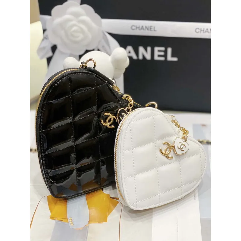 Chanel AS3295 Heart Clutch with Chain Lambskin Gold Tone Metal Black and White