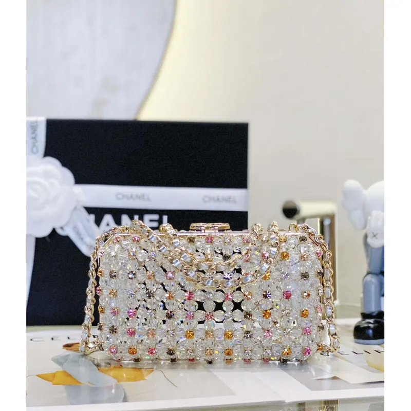 Chanel AS3771 EVENING Bag Glass Pearls & Gold Tone Metal Transparent & Multicolor