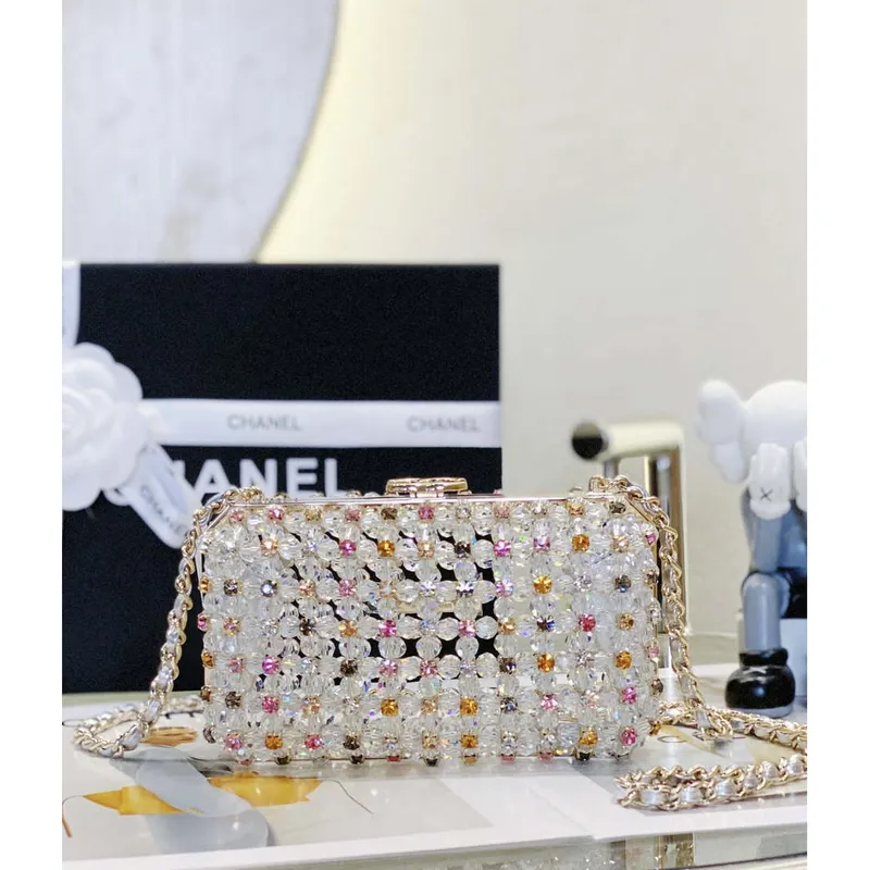 Chanel AS3771 EVENING Bag Glass Pearls & Gold Tone Metal Transparent & Multicolor