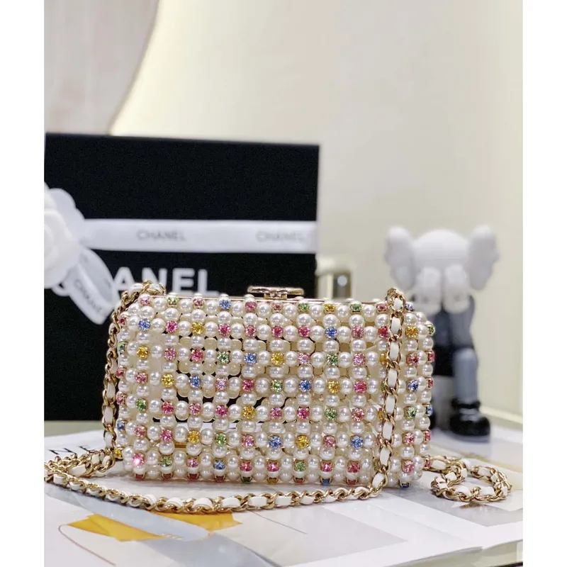 Chanel AS3771 EVENING Bag Glass Pearls & Gold Tone Metal White & Multicolor