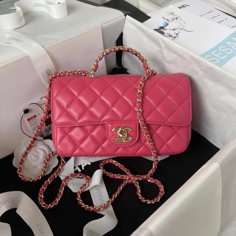 Chanel AS4141 Camellia Embossed With top Handle Bag Rose Red