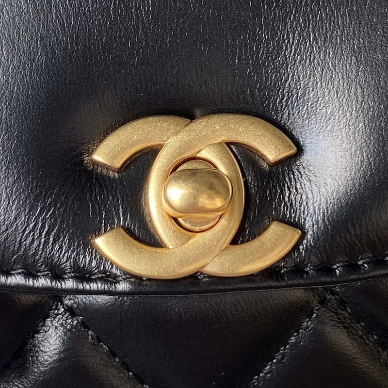 Chanel AS3970 Flap Bag with top handle Lambskin gold tone metal Black