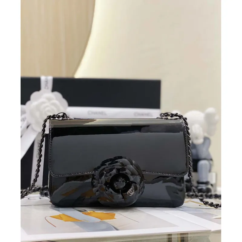Chanel AS3356 Mini Flap 18cm Patent leather Camellia Black