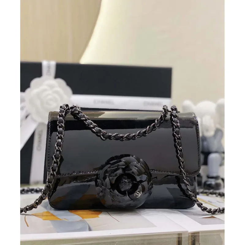 Chanel AS3356 Mini Flap 18cm Patent leather Camellia Black