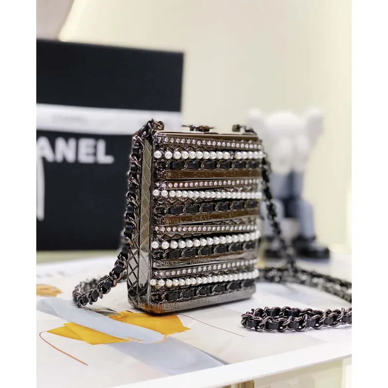 Chanel 22K Evening Bag With Pearls Black and Silver