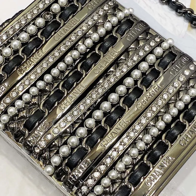 Chanel 22K Evening Bag With Pearls Black and Silver