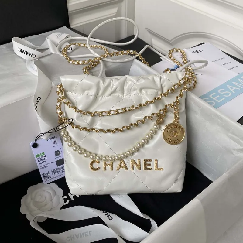 Chanel AS3980 22 Mini Handbag Shiny Calfskin & Gold Tone Metal White