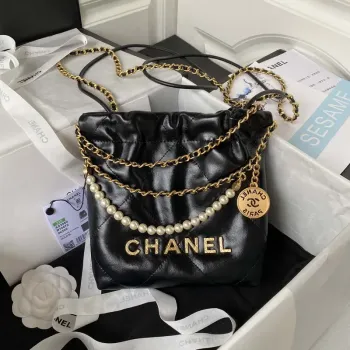 Chanel AS3980 22 Mini Handbag Shiny Crumpled Calfskin & Gold Tone Metal Black