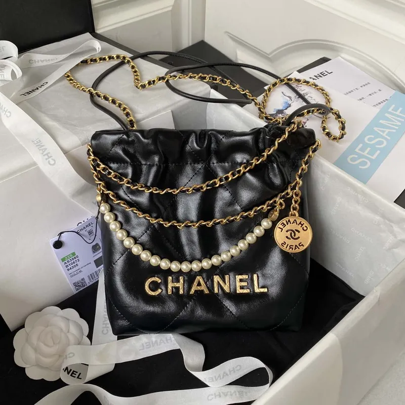 Chanel AS3980 22 Mini Handbag Shiny Crumpled Calfskin & Gold Tone Metal Black