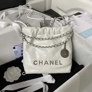 Chanel AS3980 22 Mini Handbag Shiny Calfskin & Silver Tone Metal White