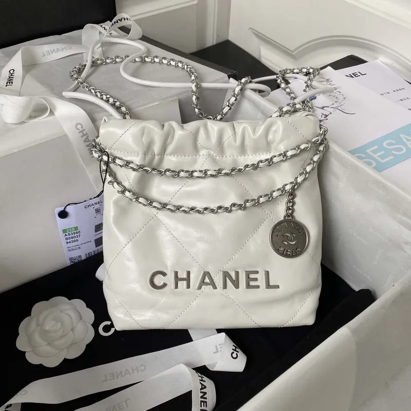 Chanel AS3980 22 Mini Handbag Shiny Calfskin & Silver Tone Metal White