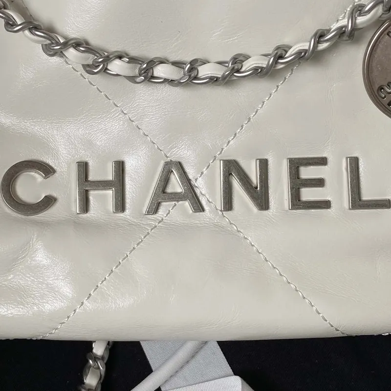 Chanel AS3980 22 Mini Handbag Shiny Calfskin & Silver Tone Metal White