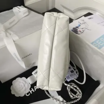 Chanel AS3980 22 Mini Handbag Shiny Calfskin & Silver Tone Metal White