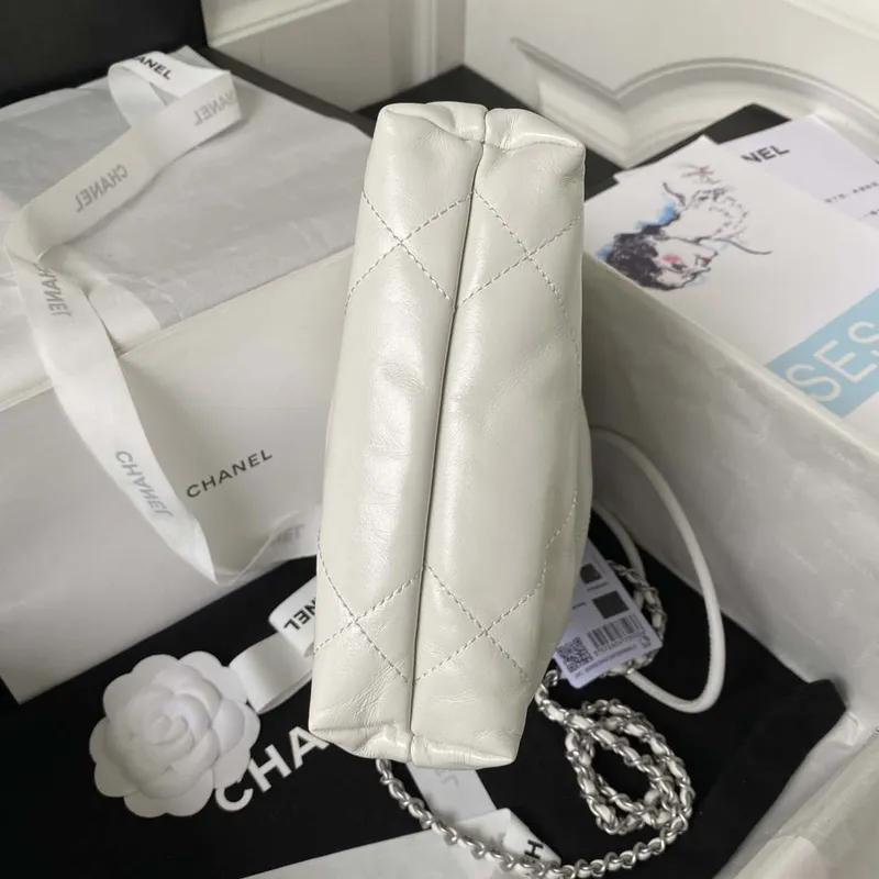 Chanel AS3980 22 Mini Handbag Shiny Calfskin & Silver Tone Metal White