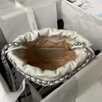 Chanel AS3980 22 Mini Handbag Shiny Calfskin & Silver Tone Metal White