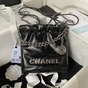 Chanel AS3980 22 Mini Handbag Shiny Calfskin & Silver Tone Metal Black