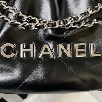 Chanel AS3980 22 Mini Handbag Shiny Calfskin & Silver Tone Metal Black
