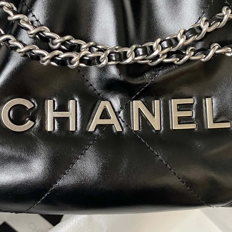 Chanel AS3980 22 Mini Handbag Shiny Calfskin & Silver Tone Metal Black