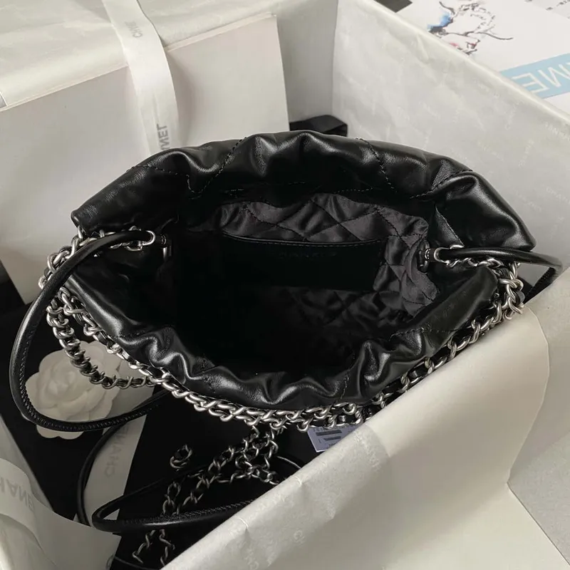 Chanel AS3980 22 Mini Handbag Shiny Calfskin & Silver Tone Metal Black