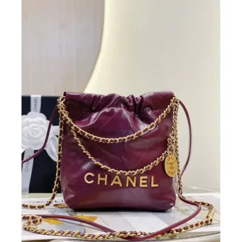 Chanel 22 Mini Handbag AS3980 Shiny Calfskin & Gold Tone Metal Purple Red
