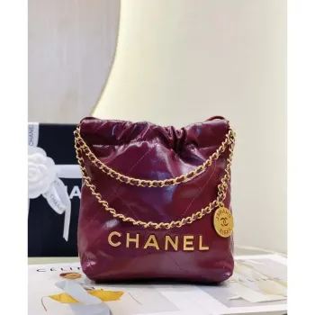 Chanel 22 Mini Handbag AS3980 Shiny Calfskin & Gold Tone Metal Purple Red