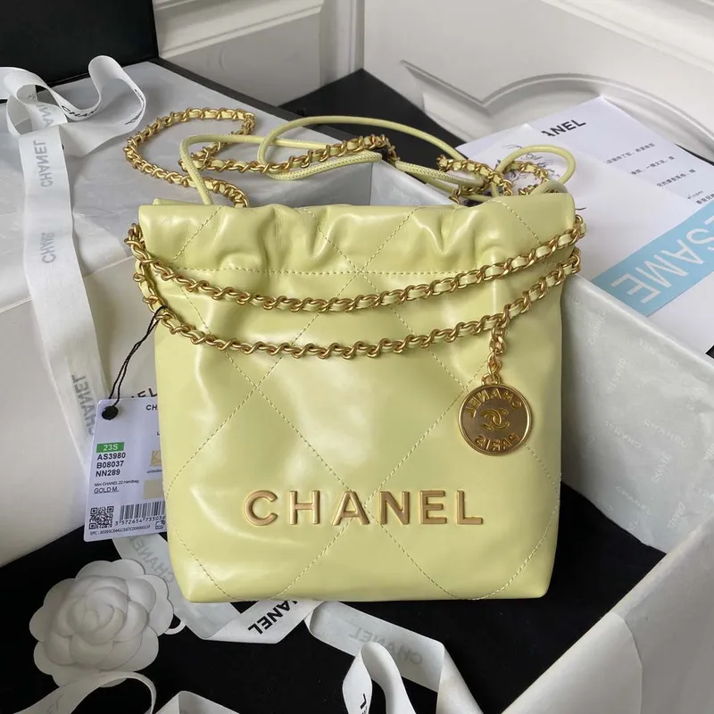 Chanel 22 Mini Handbag AS3980 Shiny Calfskin & Gold Tone Metal Yellow