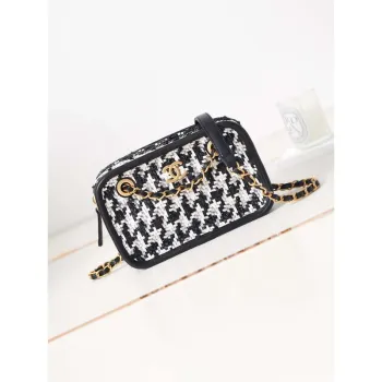 Chanel AS3768 Small Camera Case Lambskin Viscose Weaving White & Black