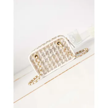 Chanel AS3768 Small Camera Case Lambskin Viscose Weaving White Gold & Beige