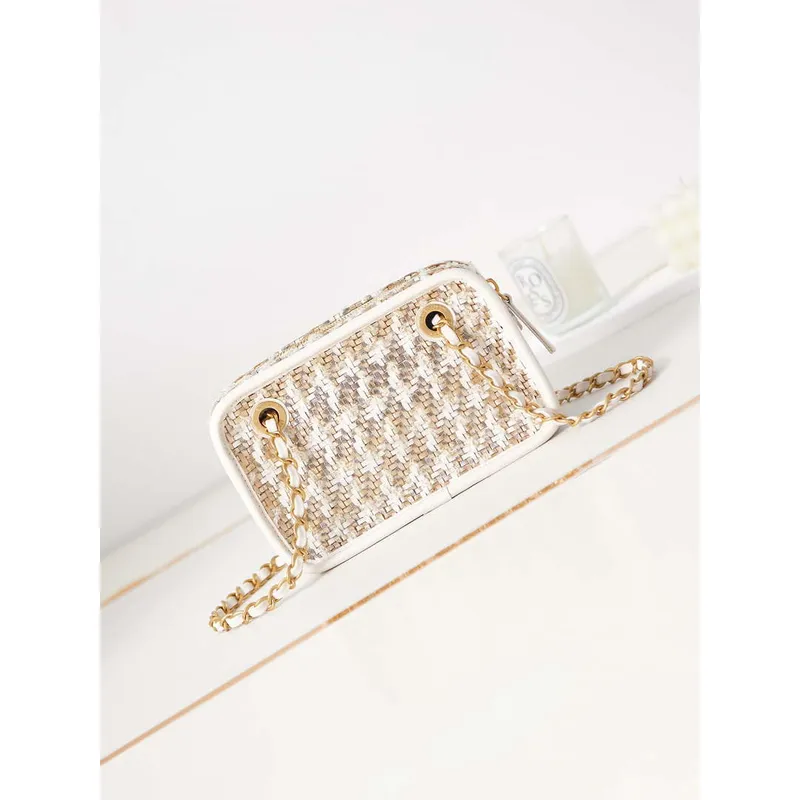 Chanel AS3768 Small Camera Case Lambskin Viscose Weaving White Gold & Beige