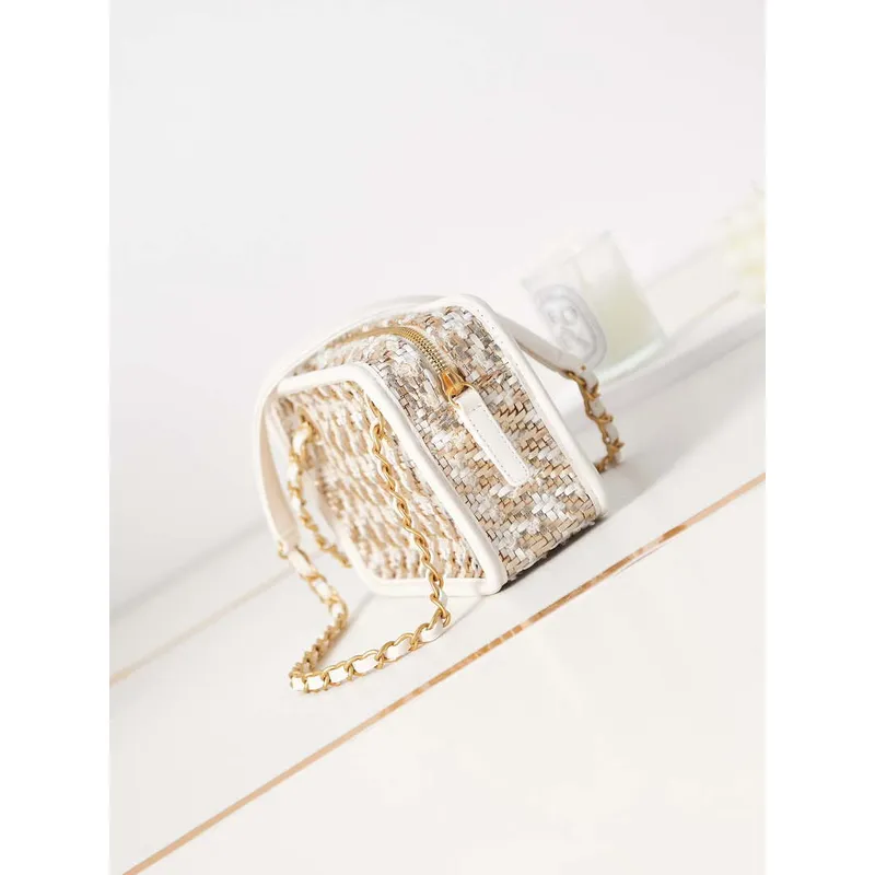 Chanel AS3768 Small Camera Case Lambskin Viscose Weaving White Gold & Beige