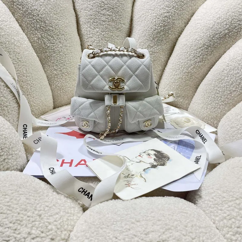 Chanel AS3787 Small Backpack Grained Shiny Calfskin & Gold Tone Metal White