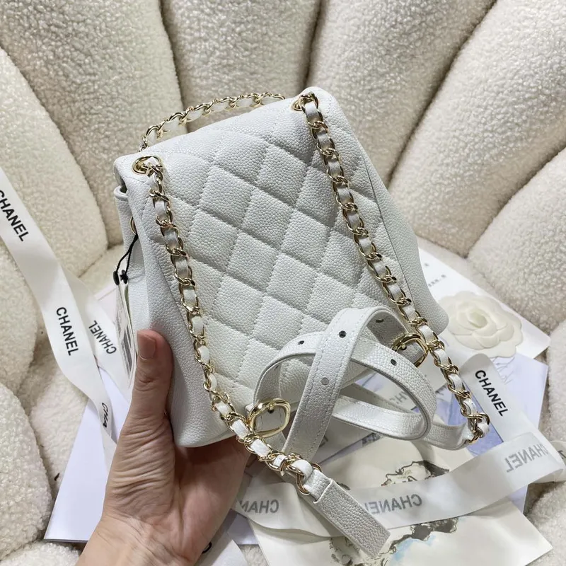 Chanel AS3787 Small Backpack Grained Shiny Calfskin & Gold Tone Metal White