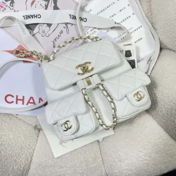 Chanel AS3787 Small Backpack Grained Shiny Calfskin & Gold Tone Metal White